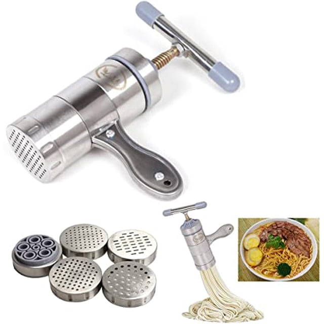 Máquina de pasta de acero inoxidable, máquina de pasta con 5 moldes, fideos caseros manuales creativos de cocina TUNC Sencillez