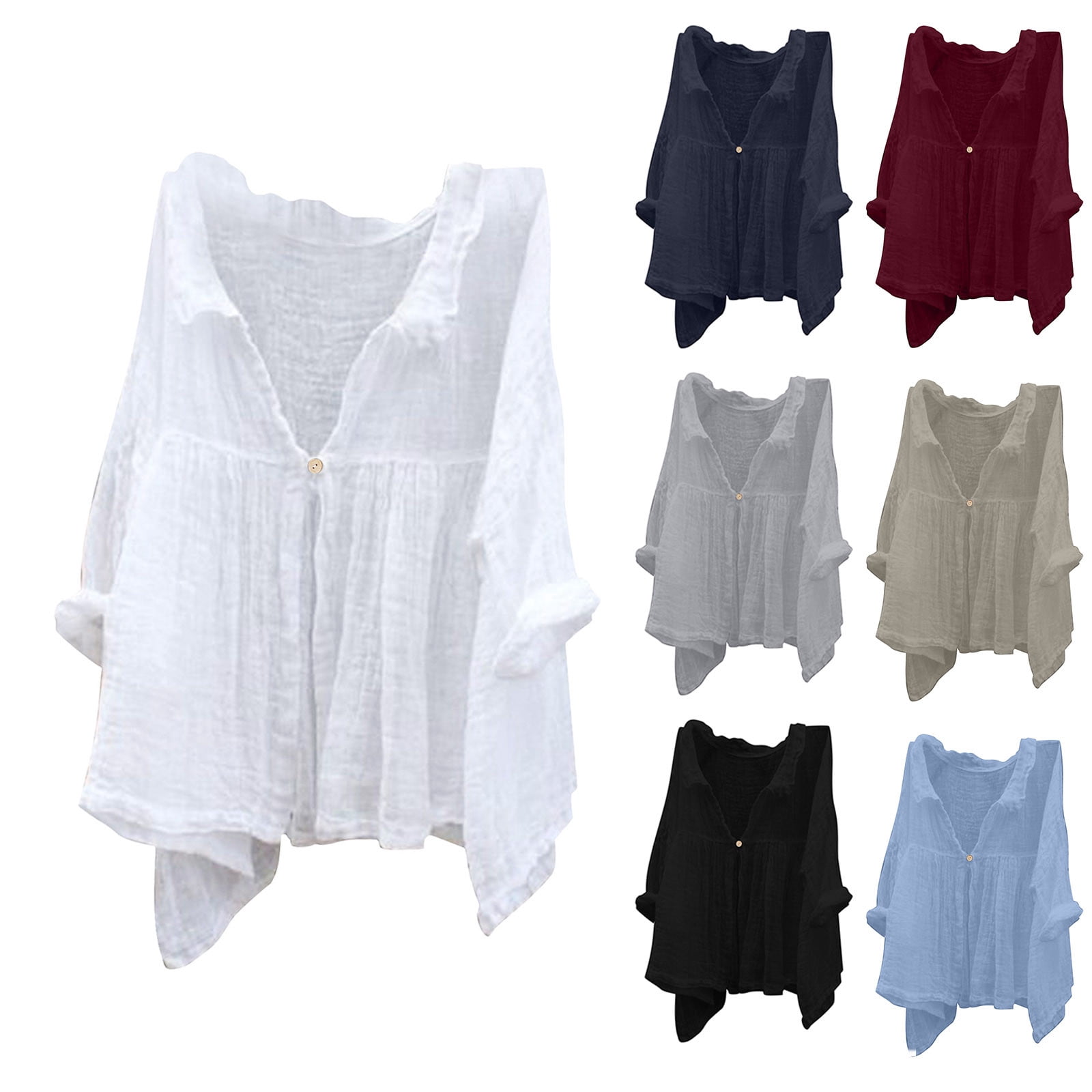 DDAPJ pyju Womens Linen Shirts Long Sleeve V Neck Lapel Tops Office ...