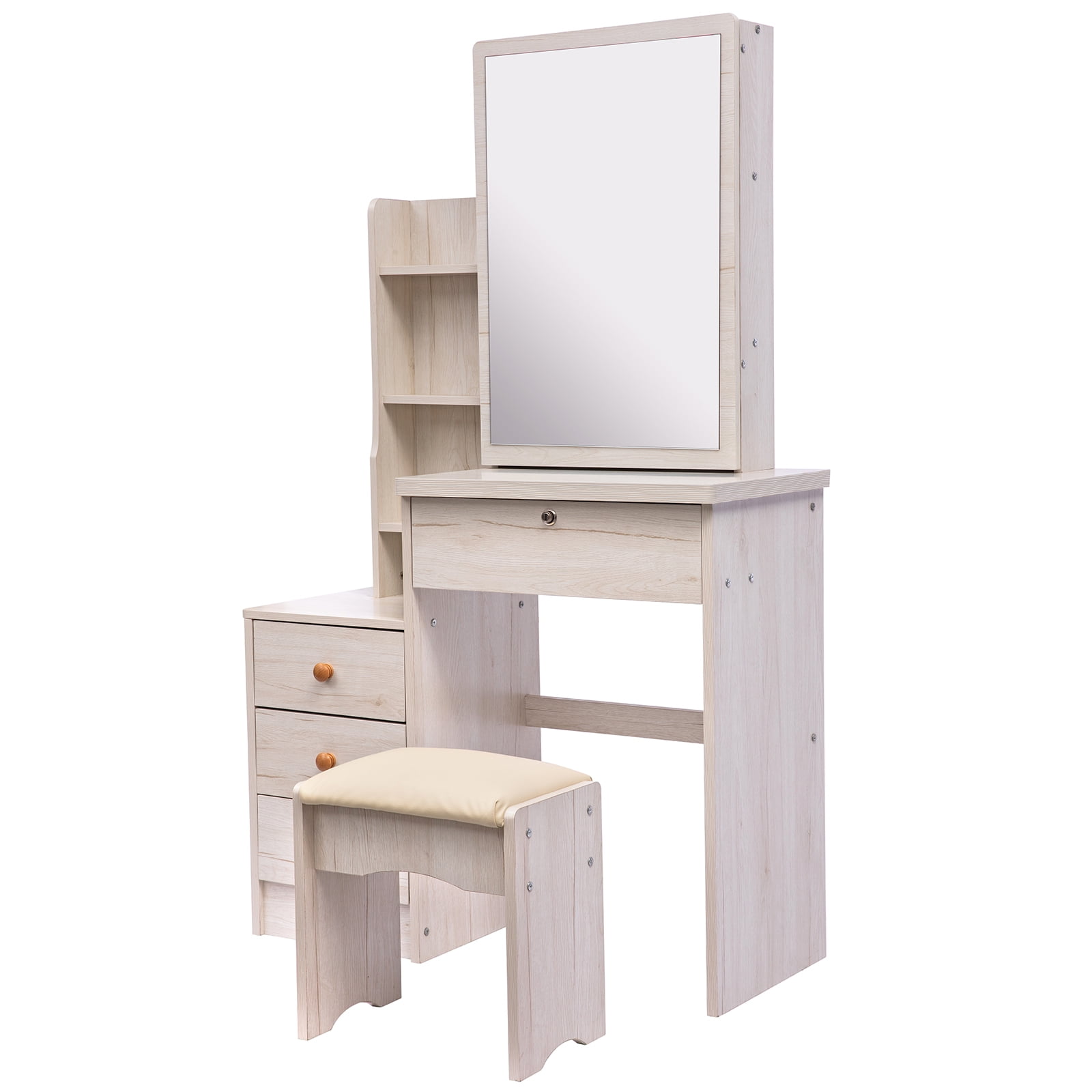 Resenkos Makeup Vanity Set with Mirror Cushioned Stool Open Storage Shelves and 4 Drawers White Oak
