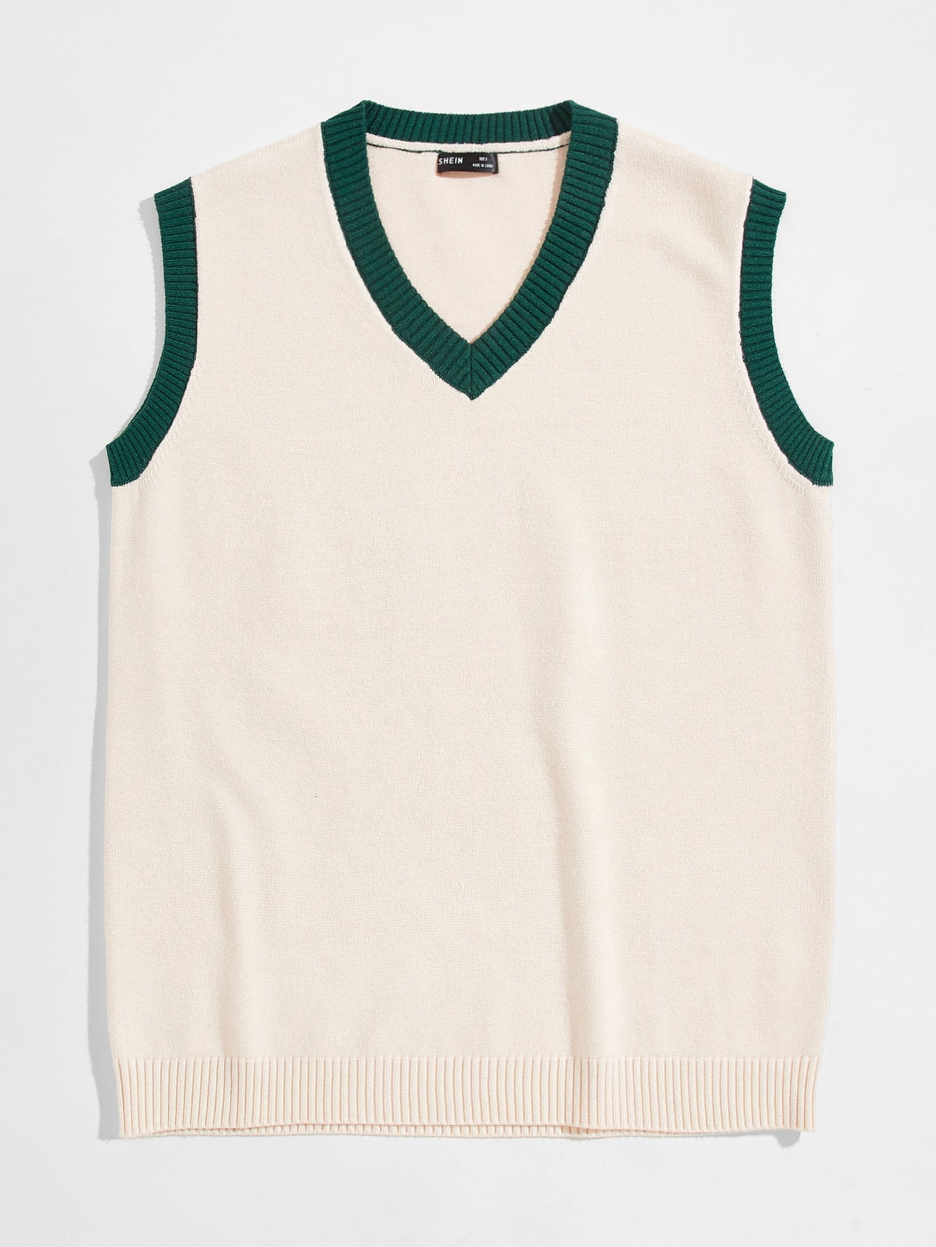 Beige Men Rib knit Sweater Vest Preppy 
