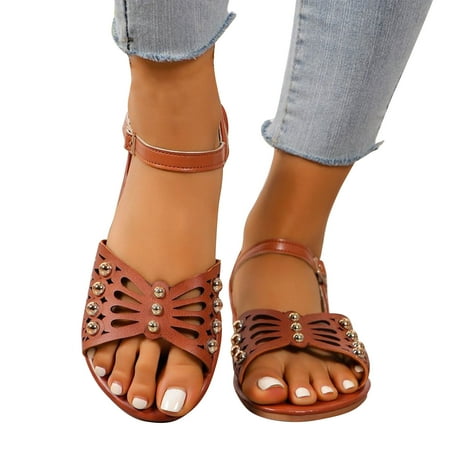 

AOOCHASLIY Independence Day Shoes Large Size Hollowed Out Flat Bottom Buckle Sandals Ethnic Style Nails External Wear Lightweight Beach Sandals