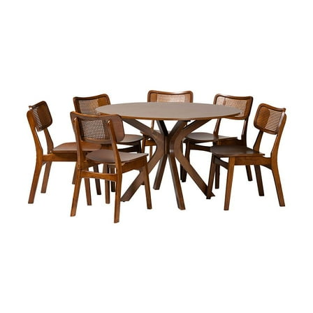 Baxton Studio Walnut Brown Finished Wood and Rattan 7-Piece Dining Set