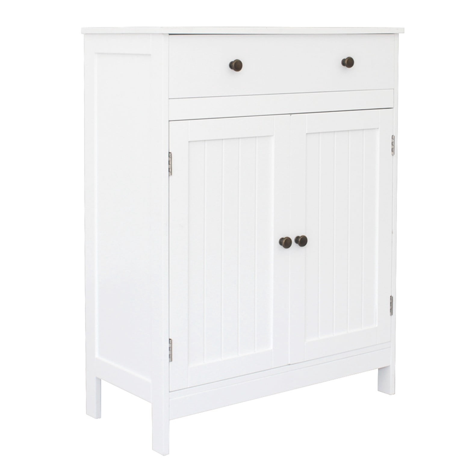Hassch Multi-Purpose Freestanding Cabinet w/ Storage Drawer, Classic White MDF Cabinet with Double Doors & Bronze Handle, for Bathroom Dining Room Porch