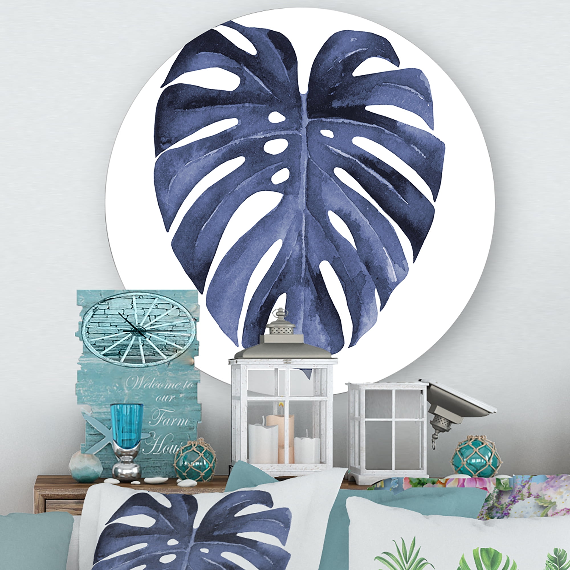 Designart 'Blue Watercolour Tropical Leaves III' Traditional Circle Metal Wall Art 23x23 - Disc of 23