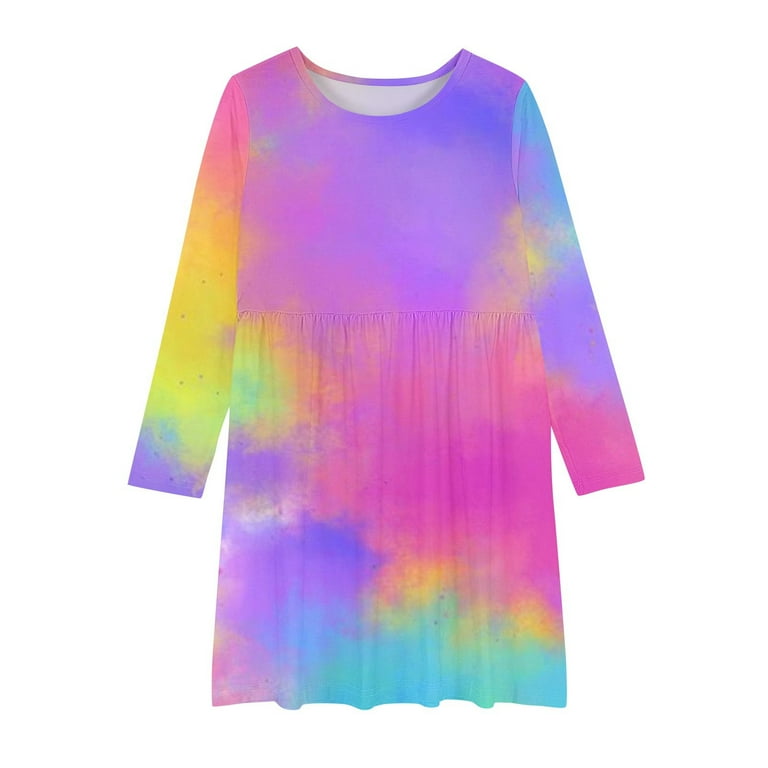 tie dye skater dress Gersome Long Sleeve Dress for Kids Girls A Line Swing Tie-Dye Skater Twirl Party Dresses 4-14 Years, Girl's, Size: 13-14 Years