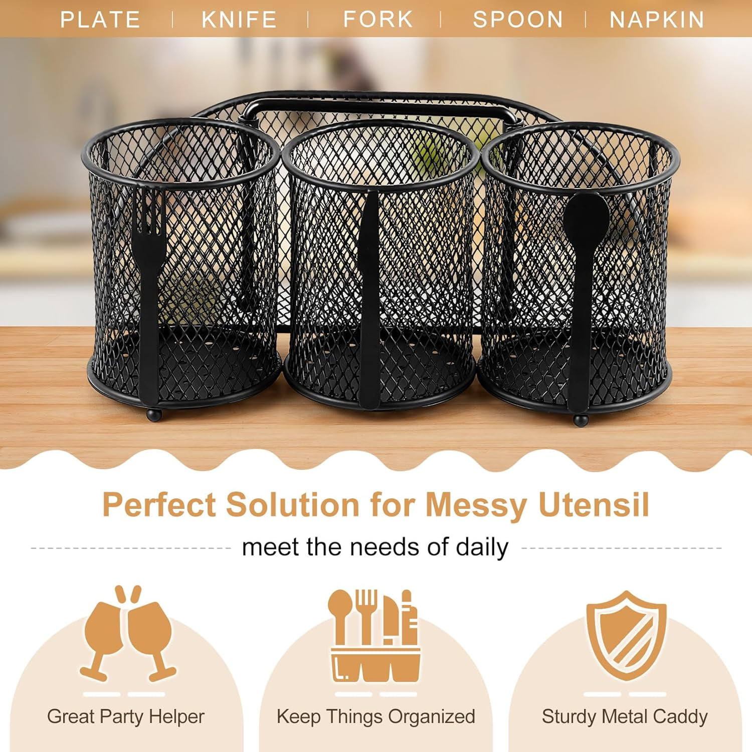 Utensil Organizer Silverware Caddy - Utensil Holder for Party Metal Cutlery Organizer Silverware Storage for Picnic Camping Buffet Kitchen Table (Black)