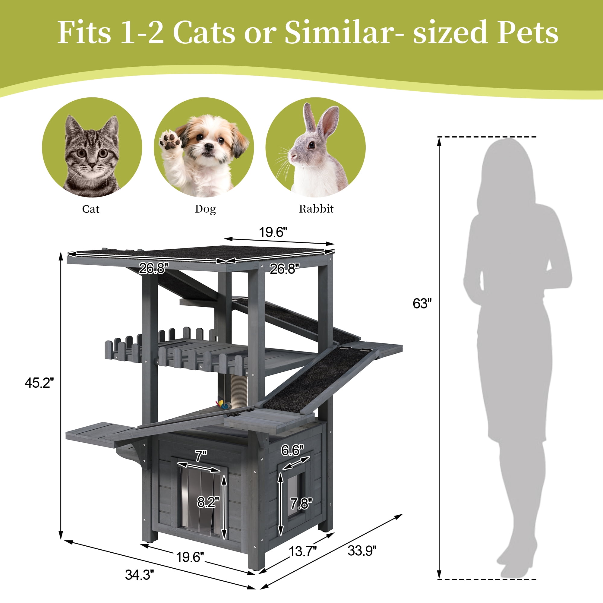 DRNANLIT 4 Tiers Outdoor Cat House, Weatherproof Cat Tree Tower with Waterproof Roof & 2 Doors, Feral Cat Shelter Outside Enclosure, Multi-Level Play Zones with Balcony, for Small Animals, Grey