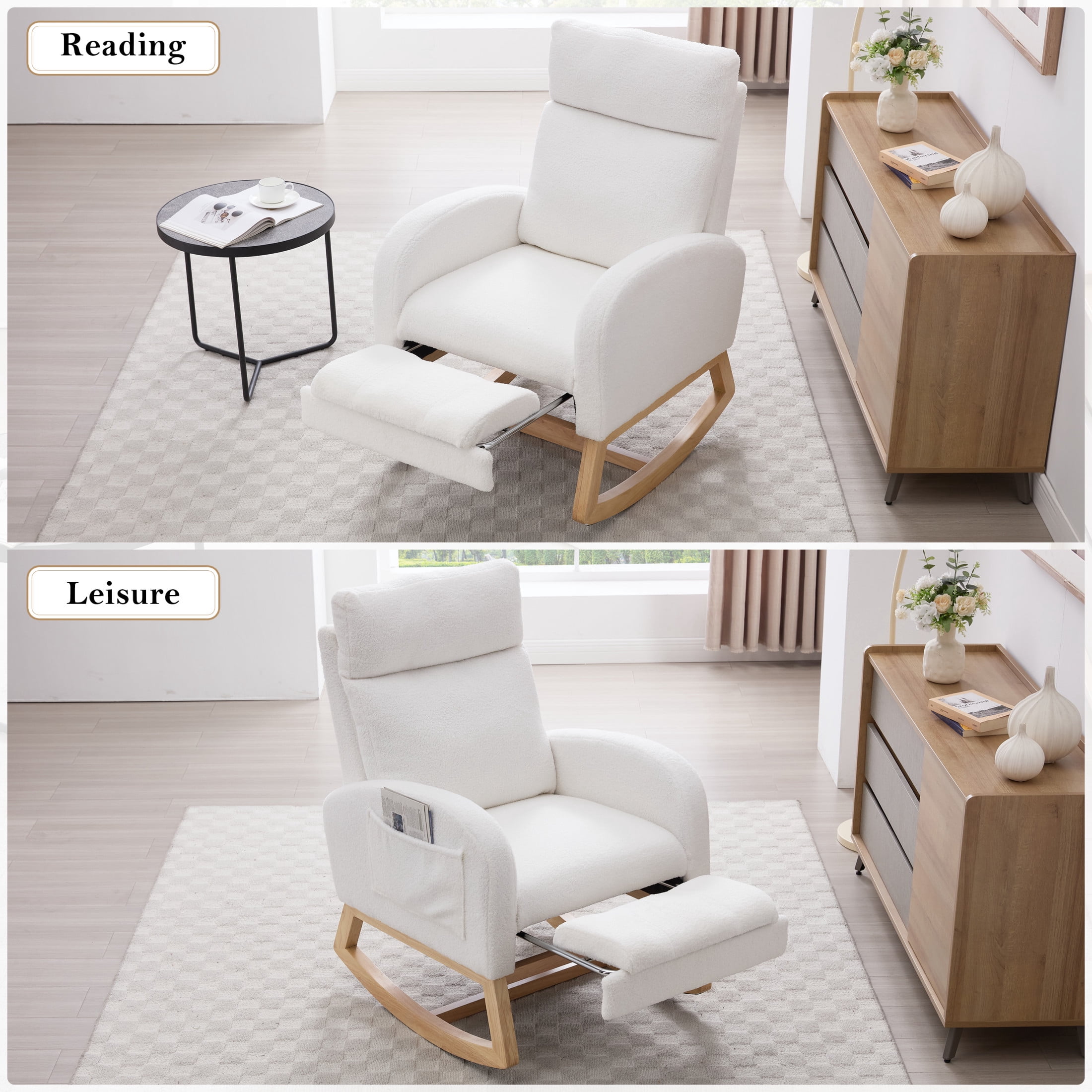 Noble House Arlais Teddy Nursery Rocking Chair with Adjustable Footrest, Comfortable Accent Glider Daybed, White