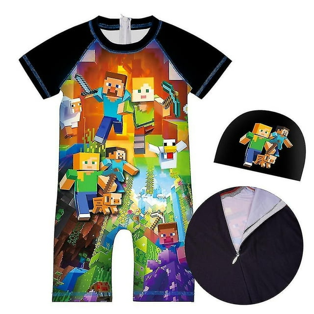 Minecraft Maillot de Bain une Pièce Imprimé pour Garçons, Combinaison de Surf, Bonnet de Bain