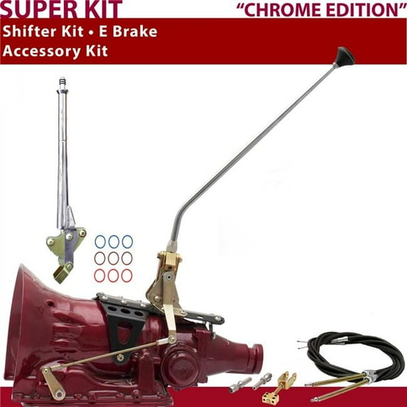 American Shifter TH200 Shifter Kit Chrome 23 in. E Brake Cable Push Button 16 in. Handle Ringed Knob for DD450