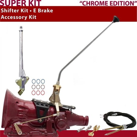 American Shifter AOD Shifter Kit Chrome 23 in. E Brake Cable Push Button 11 in. Handle Ringed Knob for DC65A