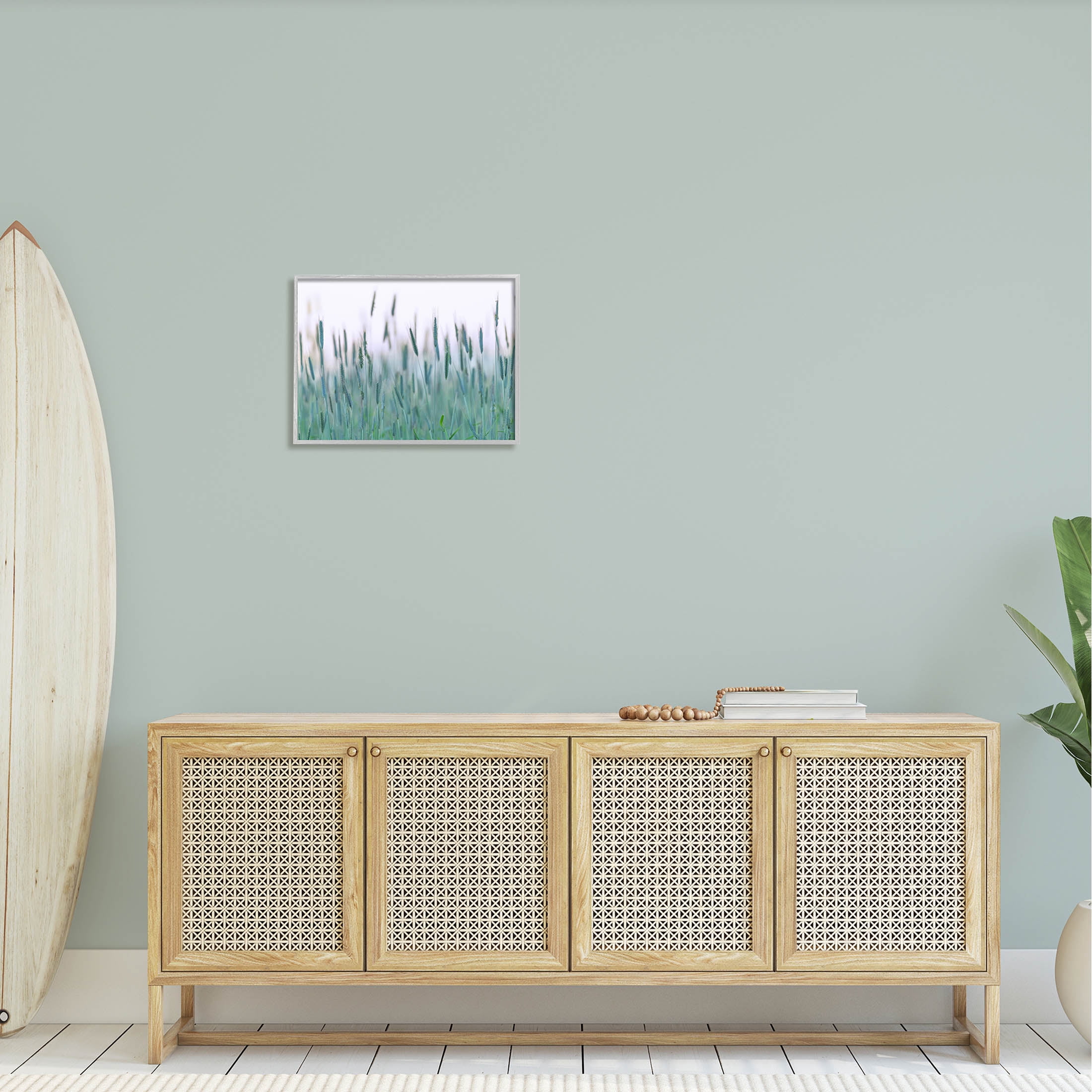 Green Wheat Field Sprigs Landscape Photograph Gray Framed Art Print Wall Art