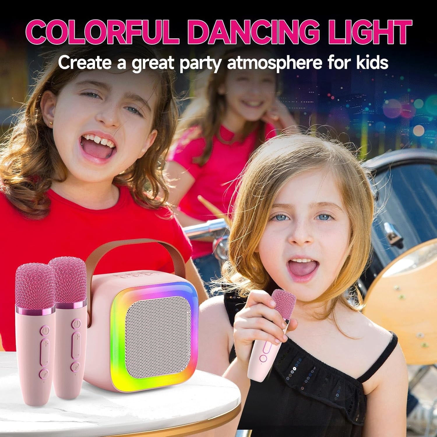 Mini Karaoke Machine for Kids Teen Adults, Portable Bluetooth Mini Karaoke Microphone Singing Speaker with 2 Wireless Mic and Light, Toys for All Smartphones,Birthday, Family,Home Party