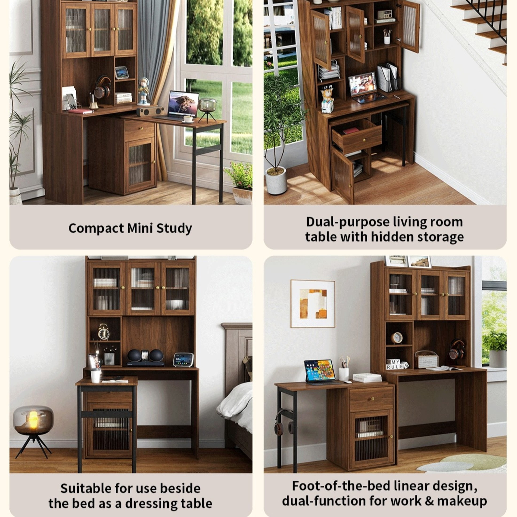 Noble House 70.87" Computer Desk with Hutch, Glass-Door Cabinets, 90° Rotating Desktop, Bookshelf & Drawer, Walnut