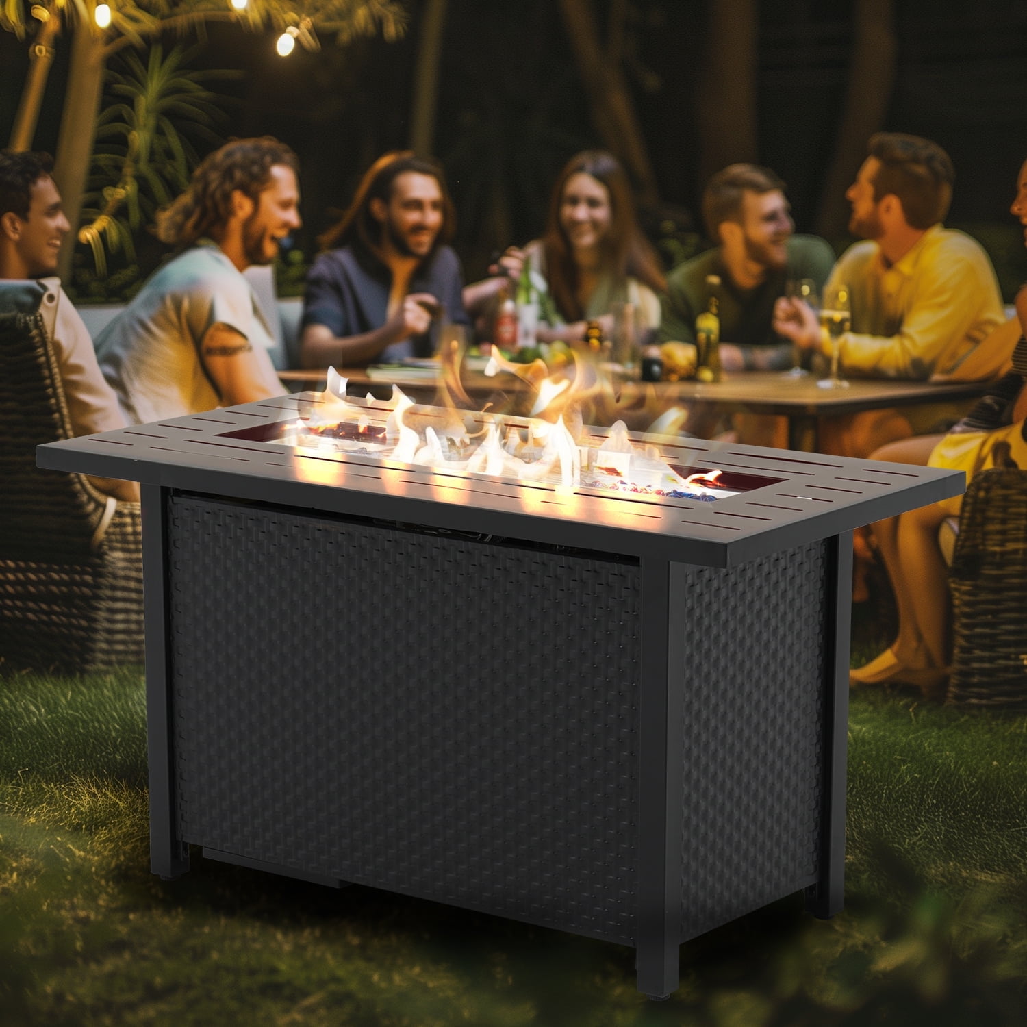 Propane Fire Pit, 45 Inch Gas Fire Pit Table with Lid, Glass Wind Guard, Waterproof Cover, Rectangle Gas Firepit Table, 50000 BTU for Garden, Patio, Deck, Yard