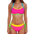 thumbnail image 3 of HAOTAGS Women's Color Block Bikini Set Tie Side Two Piece Swimsuit Push Up Halter Neck Bathing Suit , Hot Pink L, 3 of 8