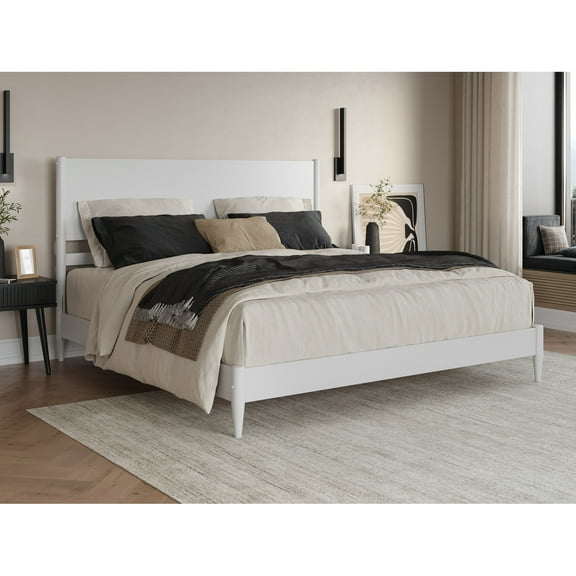 King Size Solid Wood Platform Bed - Low Profile Modern Bed Frame in White Finish