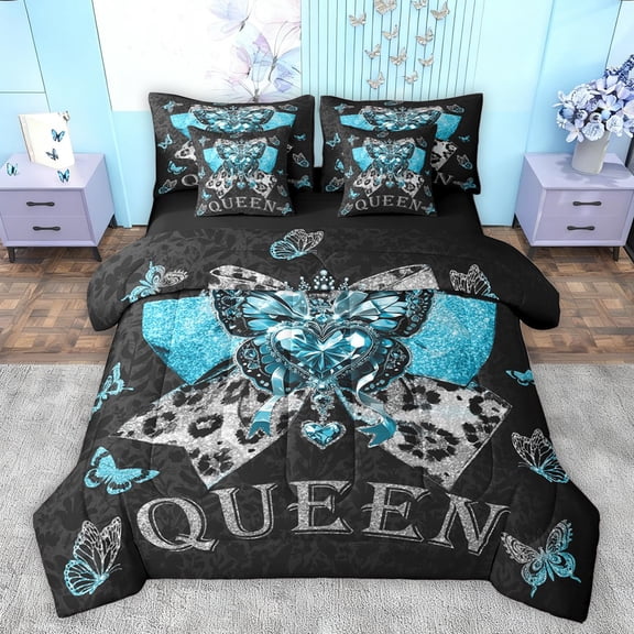 jejeloiu Cyan Diamond 7pcs Bedding Comforter Set,Cartoon Bow Tie Queen Bedding Sets,Stereoscopic Butterflies Queen Sheet Sets For Kids,Luxury Bedroom Decor Reversible