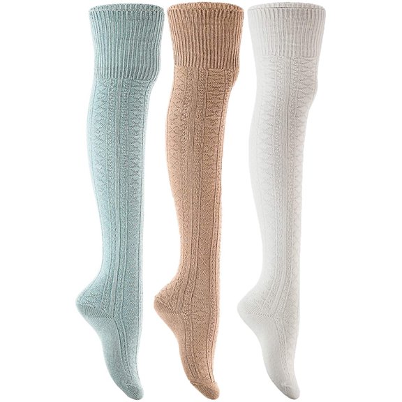 Lian LifeStyle Women's 3 Pairs Fashionable, and Ultra-Soft Thigh High Natural Cotton Socks L1025 Size 6-9Cream,Beige,Blue