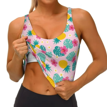Qokaie Pineapple And Leaves Pattern Womens Scoop Neck Sports Bra Breathable Workout Vest Padded U Back Medium Impact Fitness Gym Yoga Bra Workout Crop Top
