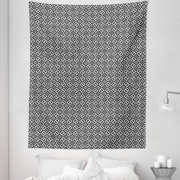 Art Deco Tapestry, Vintage Checker Design Inspired Echeloned Quadratic Pattern, Fabric Wall Hanging Decor for Bedroom Living Room Dorm, 5 Sizes, Charcoal Grey White, by Ambesonne