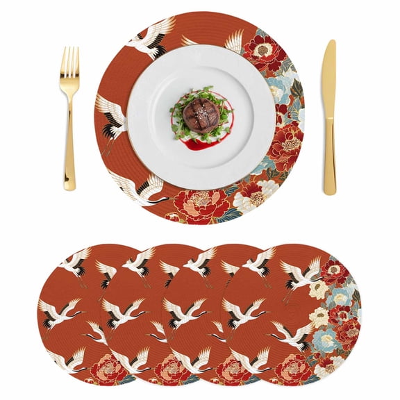 Japanese Style Round 15 Inch Placemats Set of 4, Red Farmhouse Botanical Peony Birds HeatResistant Non Slip Place Mats for Dining Table, Wipeable Braided Kitchen Table Mats for Housewarming