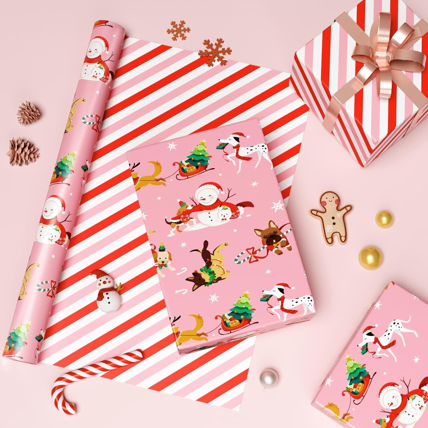 Dog Christmas Wrapping Paper Roll - 1 Roll 17”x 33 ft Pink Puppy Christmas Wrapping Paper Reversible Red Candy Cane Stripe Gift Wrap for Kids Adults Xmas Winter Puppy Party Celebration