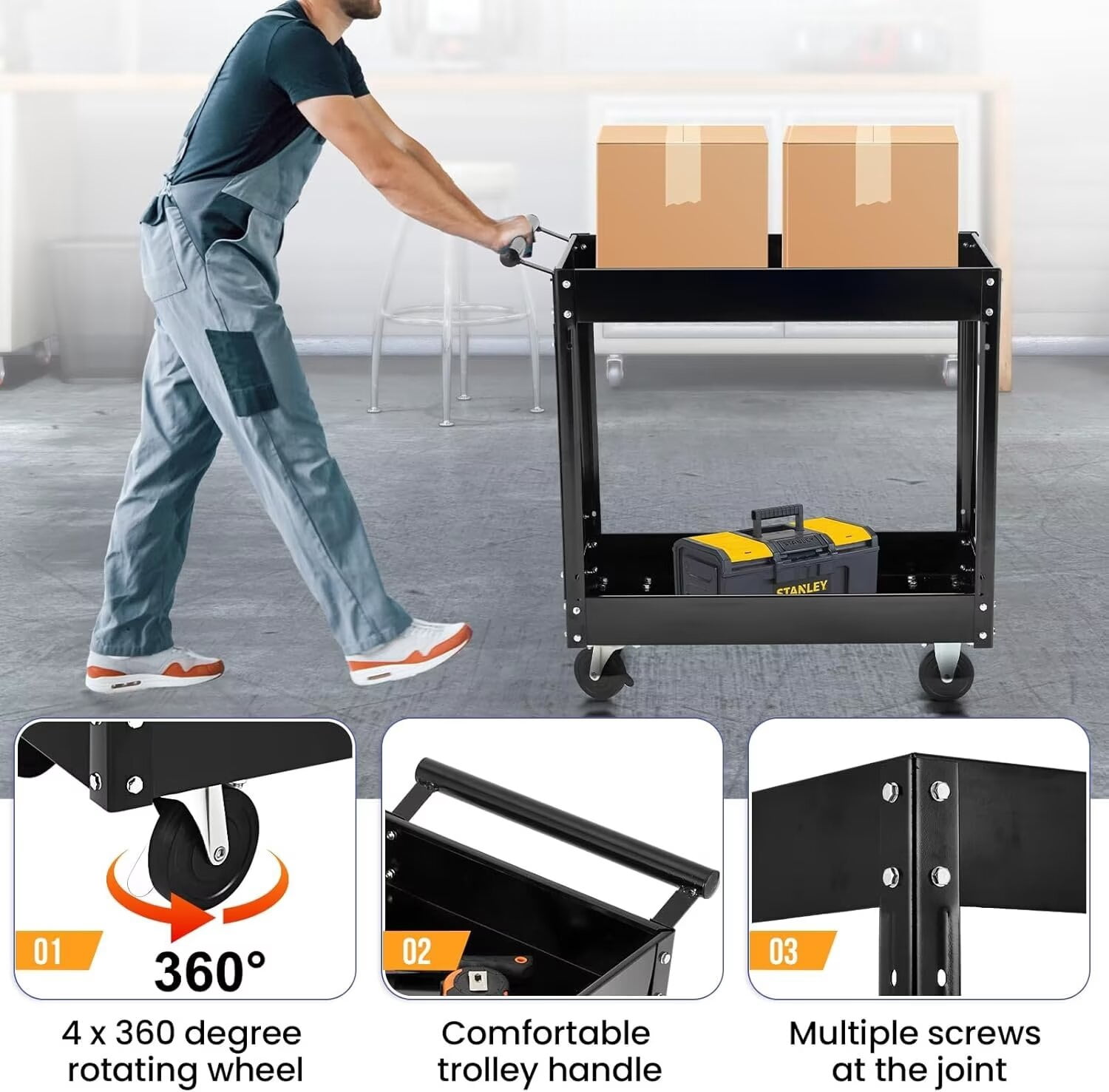 2-Tier Utility Cart, Heavy Duty Steel Rolling Cart, 300lb Multi-Purpose Tool Organizer, Metal Garage Organizer Tool Cart for Warehouse, Garage, Garden, Kitchen