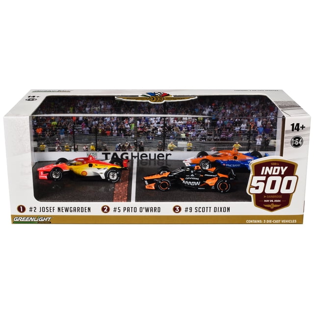 108th Indianapolis 500 Pouces (2024) Ensemble de 3 Voitures IndyCars Modèle Réduit 1/64 par Greenlight