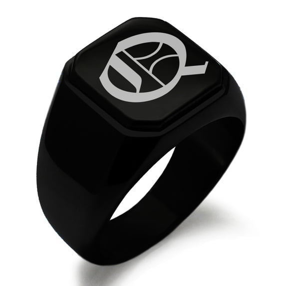 Stainless Steel Letter Q Initial Old English Monogram Engraved Engraved Square Flat Top Biker Style Polished Signet Ring