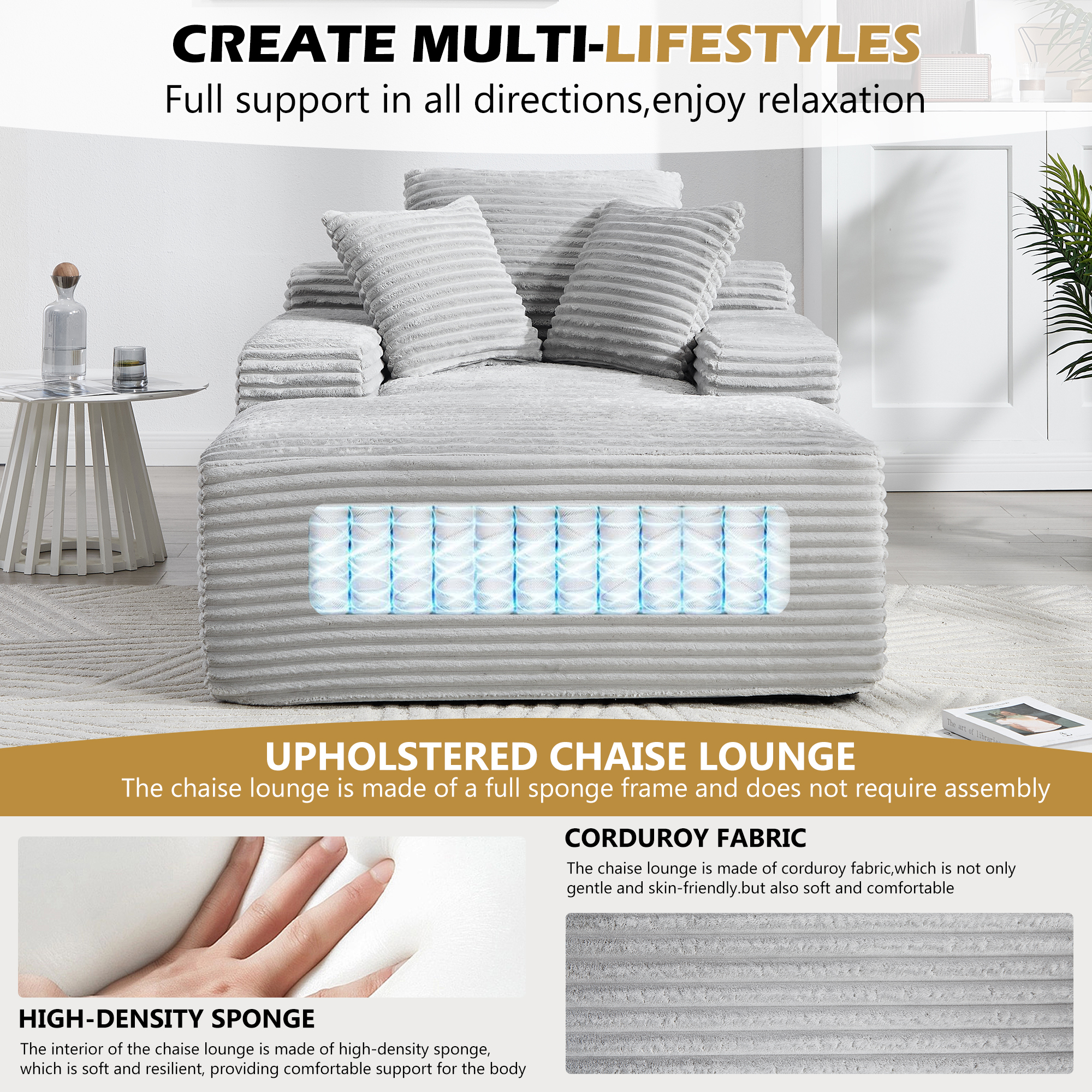 Leumius 67'' Oversized Chaise Lounge Chair Indoor,Modern Velvet Upholstered Sofa Bed,Deep Seat Sofa with Back Cushion and Pillows,Cozy Sleeper Couch for Living Room, No Assembly Required,Light Gray