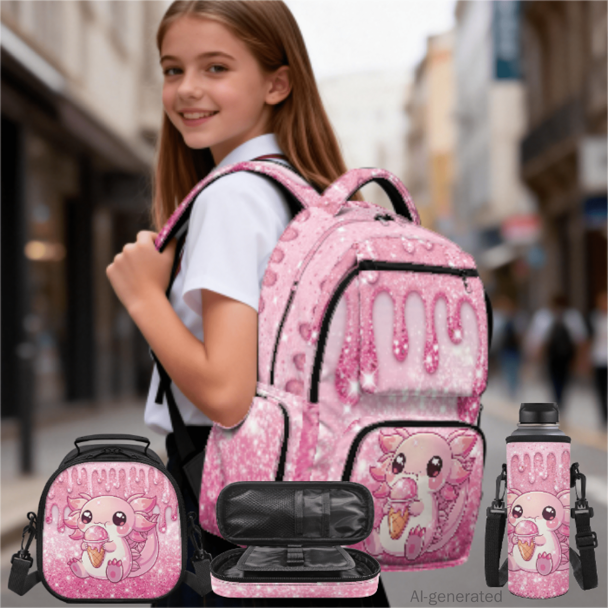 XYZCANDO Pink Glitter Sparkle Pattern 4 Pack Kids Backpack for Students, Lunch Box Tote Pencil Case with Portable Water Bottle Protector Suitable for Back to School