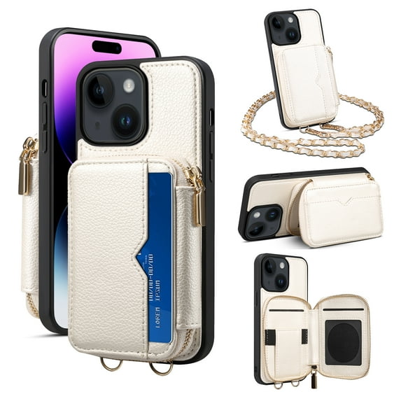 ELEHOLD for iPhone 14 6.1" Crossbody Leather Case,Card Slots Zipper Wallet Kickstand Premium Leather Full Body Protection with Metal Shoulder Strap Wallet Case, White