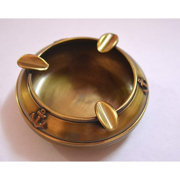 Handcarved Round Brass Antique Ashtray Nautical Inspired Cigarette Ash Holder