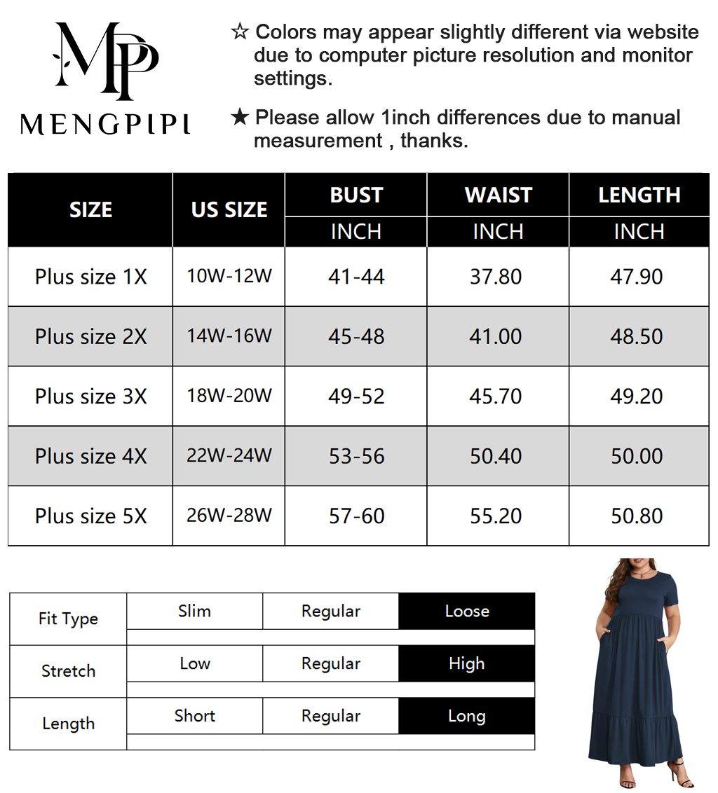 Mengpipi Women's Plus Size Casual Short Sleeve Crewneck Dress Flowy Tiered Loose Maxi Dress with Pockets Black 1X-5X - image 4 of 4