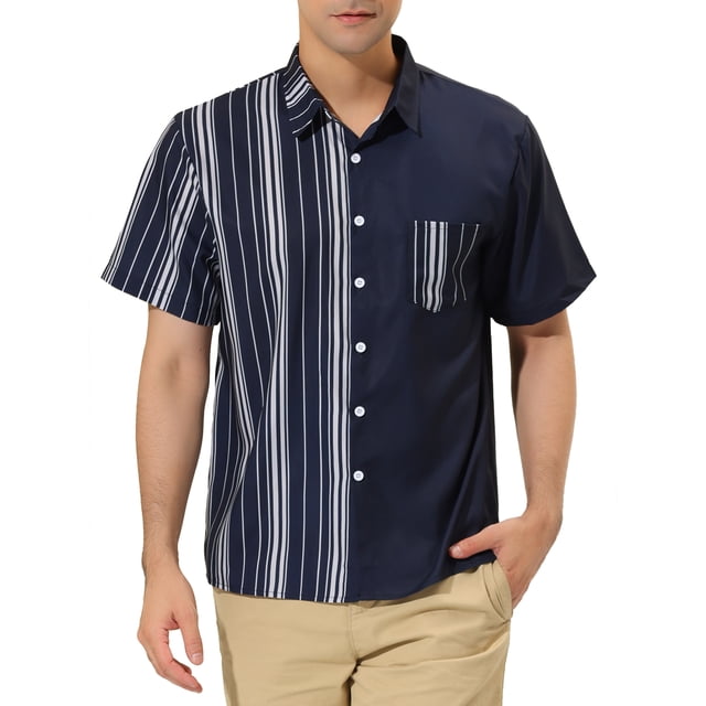 INSPIRE CHIC Chemises pour Hommes Manches Courtes Été Coton Patchwork Chemises à Boutons L Bleu Marine Blanc