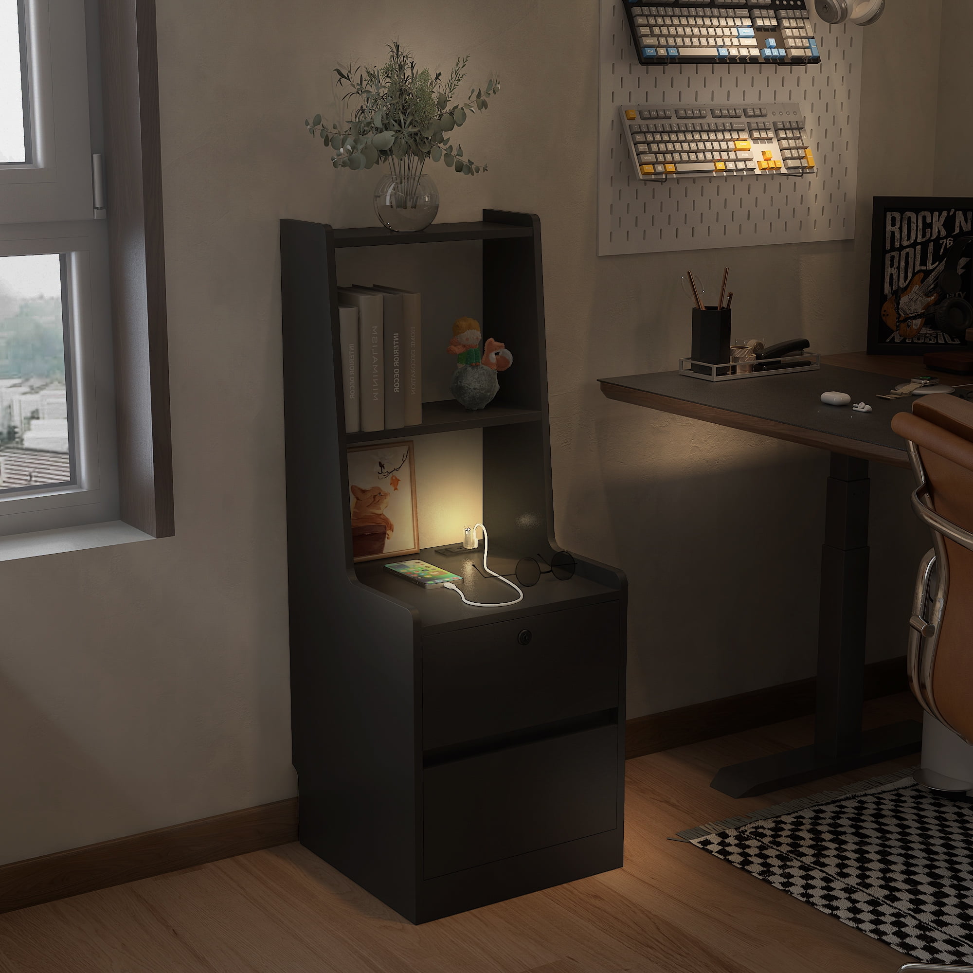 Nightstand with Charging Station, Voice Controlled 7-Color Night Light, Lockable Storage Cabinet & Open Bookshelf, Bedside End Table for Bedroom