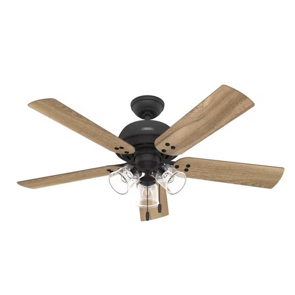 Restored Hunter Fan 52 inch Indoor Black Ceiling Fan with Light and Pull Chain, Contemporary ceiling fan for Bedroom, Living Room/Family Room, Dining Room, Kitchen, Office (Refurbished)