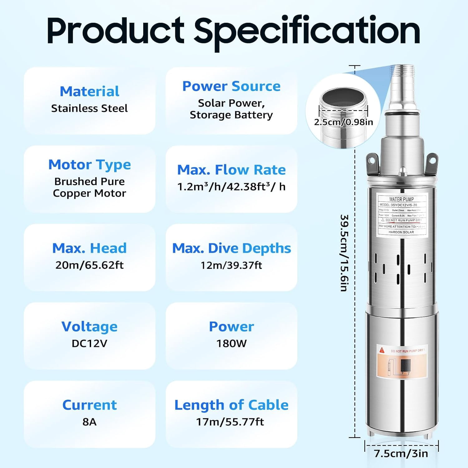 Deep Well Submersible Pump,12V 180W Solar Water Pump Stainless Steel Submersible Pump for Industrial, Irrigation & Home Use