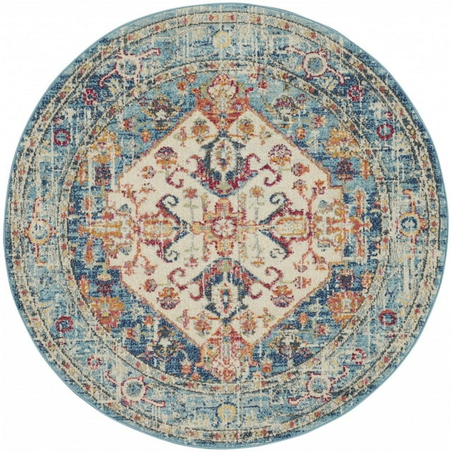 homeroots home decor 385549 4’ Round Ivory and Light Blue Distressed Area Rug