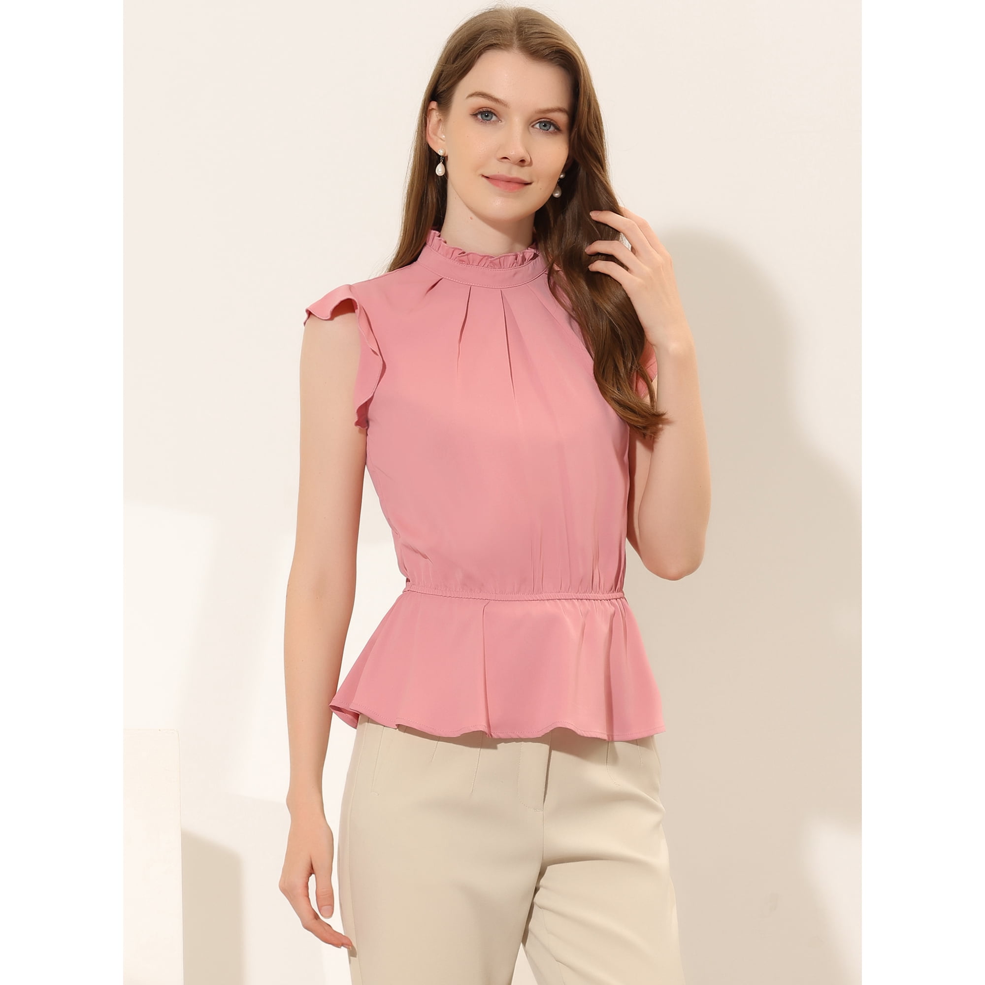 Allegra K Women's Casual Ruffle Sleeve Pleated Frill Collar Peplum Blouse Tops