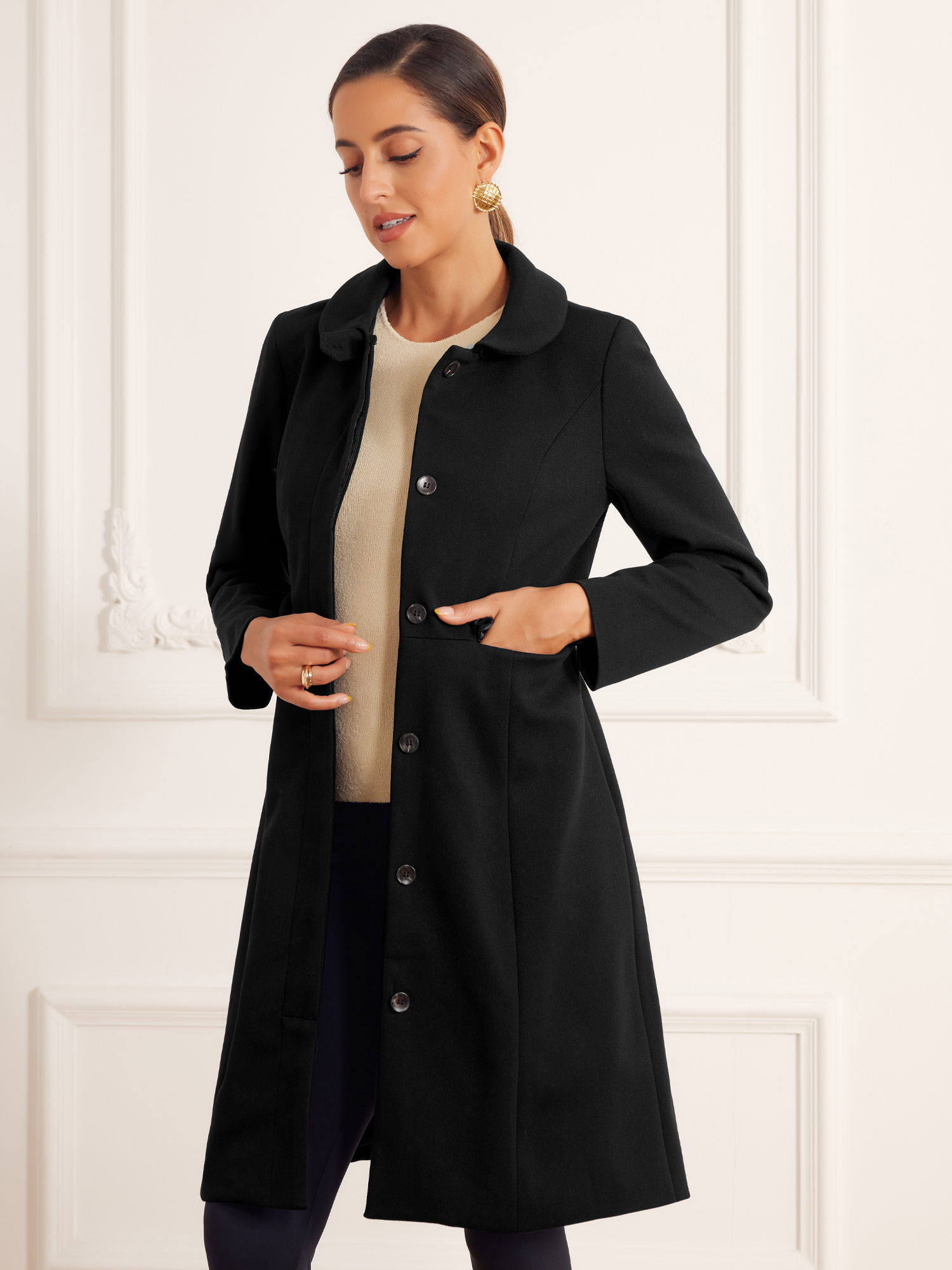 DARING DIVA Women's Winter Trench Peter Pan Collar Single Breasted Long Pea Coat XS Black