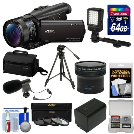Sony Handycam FDR-AX100 Wi-Fi 4K HD Video Camera Camcorder with 64GB Card + Case + LED Light + Battery + Mic + Tripod + Fisheye Lens + Kit