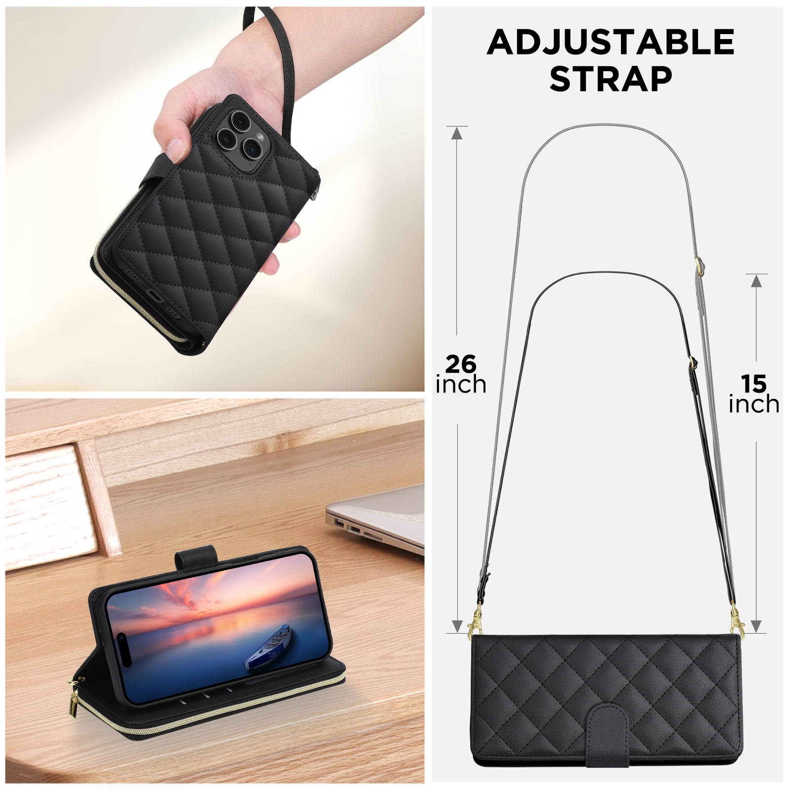 Compatible for iPhone 12 Pro / 12 6.1" Wallet Case, Crossbody Strap PU Leather Folio Phone Cover, Zipper Handbag Purse with Card Holder Lanyard Flip Stand for iPhone 12 Pro / 12 6.1", Black