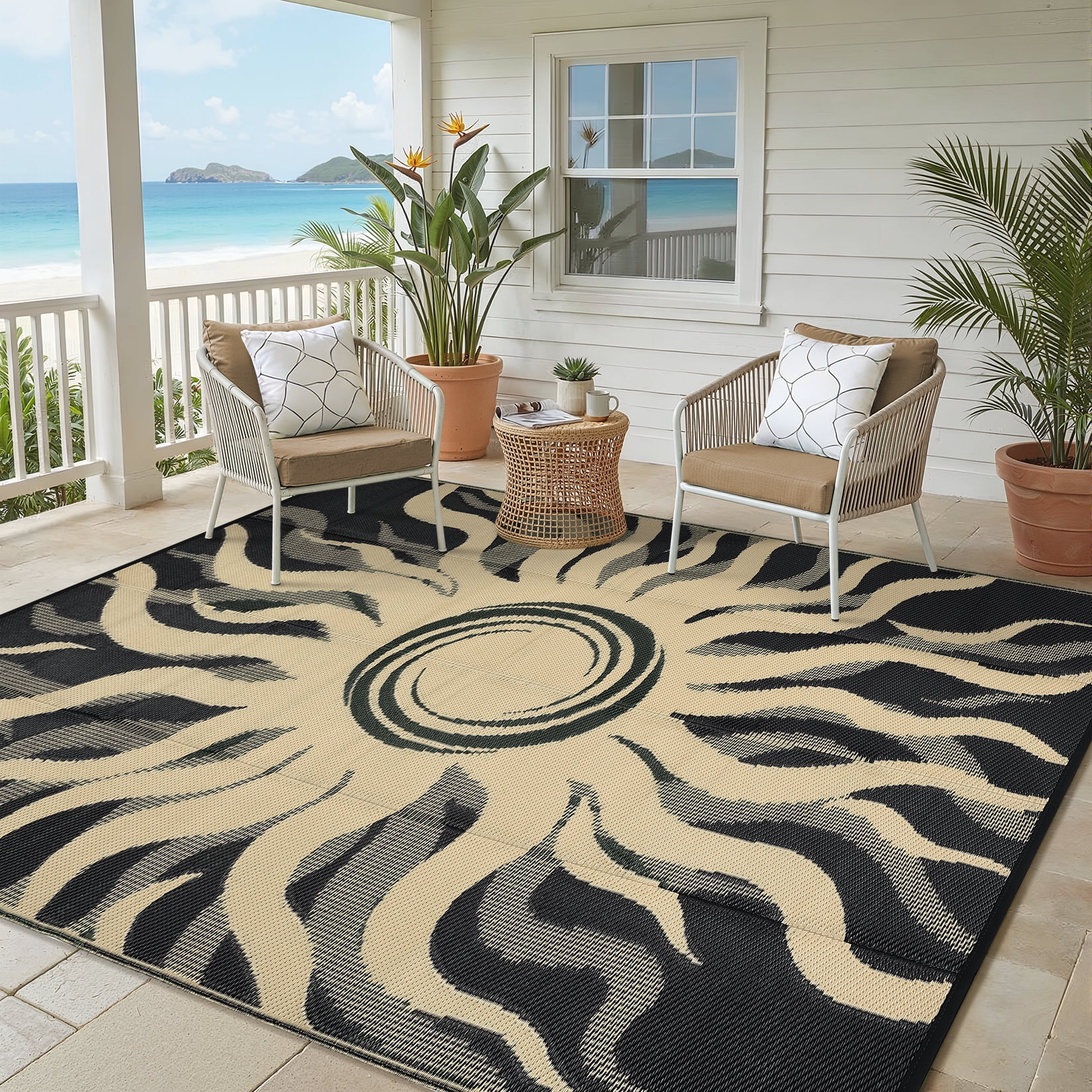 Soonbuy Sun Pattern Outdoor Rug, 9x12 Waterproof Reversible Plastic Straw Outdoor Patio Rug, Quick Dry Easy Clean Outdoor Area Rug Carpet for Camping, Picnic, Balcony, Porch, RV
