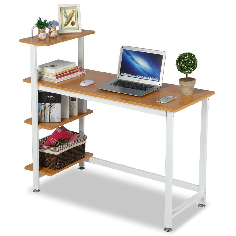 Topeakmart Home Office Modern Computer Desk With 4 Tier Shelves Pc Laptop Study Workstation Table Brown