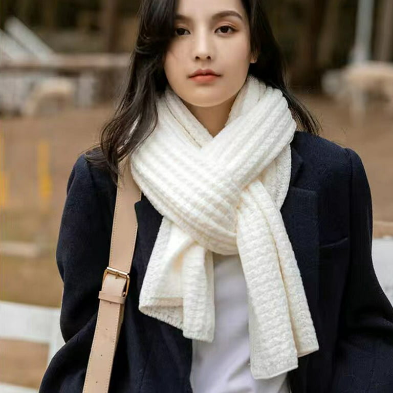 Anvazise Women Scarf Solid Color Keep Warm Skin-friendly Woolen Yarn  Knitted Winter Scarf for Outdoor Black 