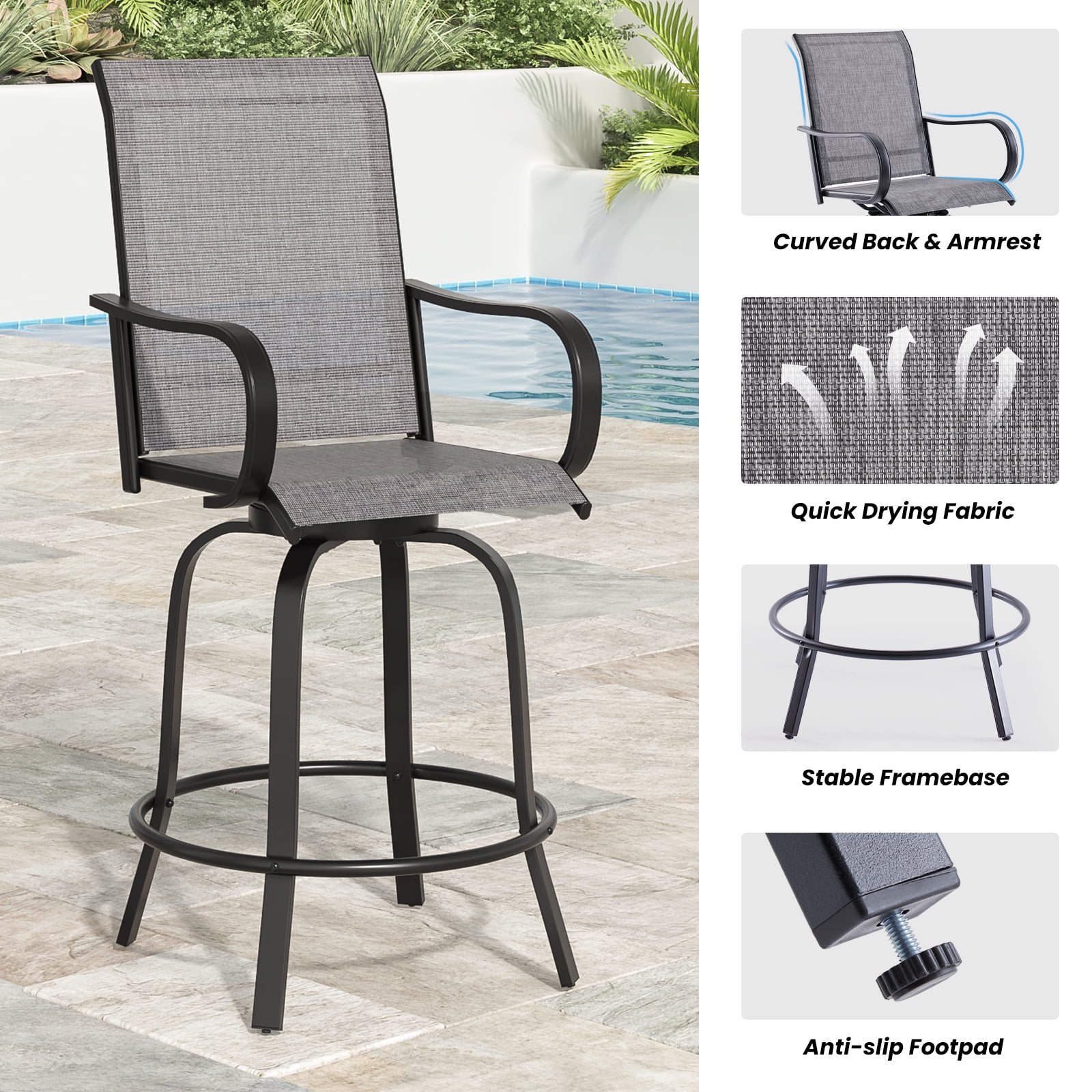 Aukfa Set of 2 Outdoor Swivel Bar Stools, 360° Patio Bar Height Chairs w/ Textilene Fabric & Footrest for Backyard/Deck,Gray