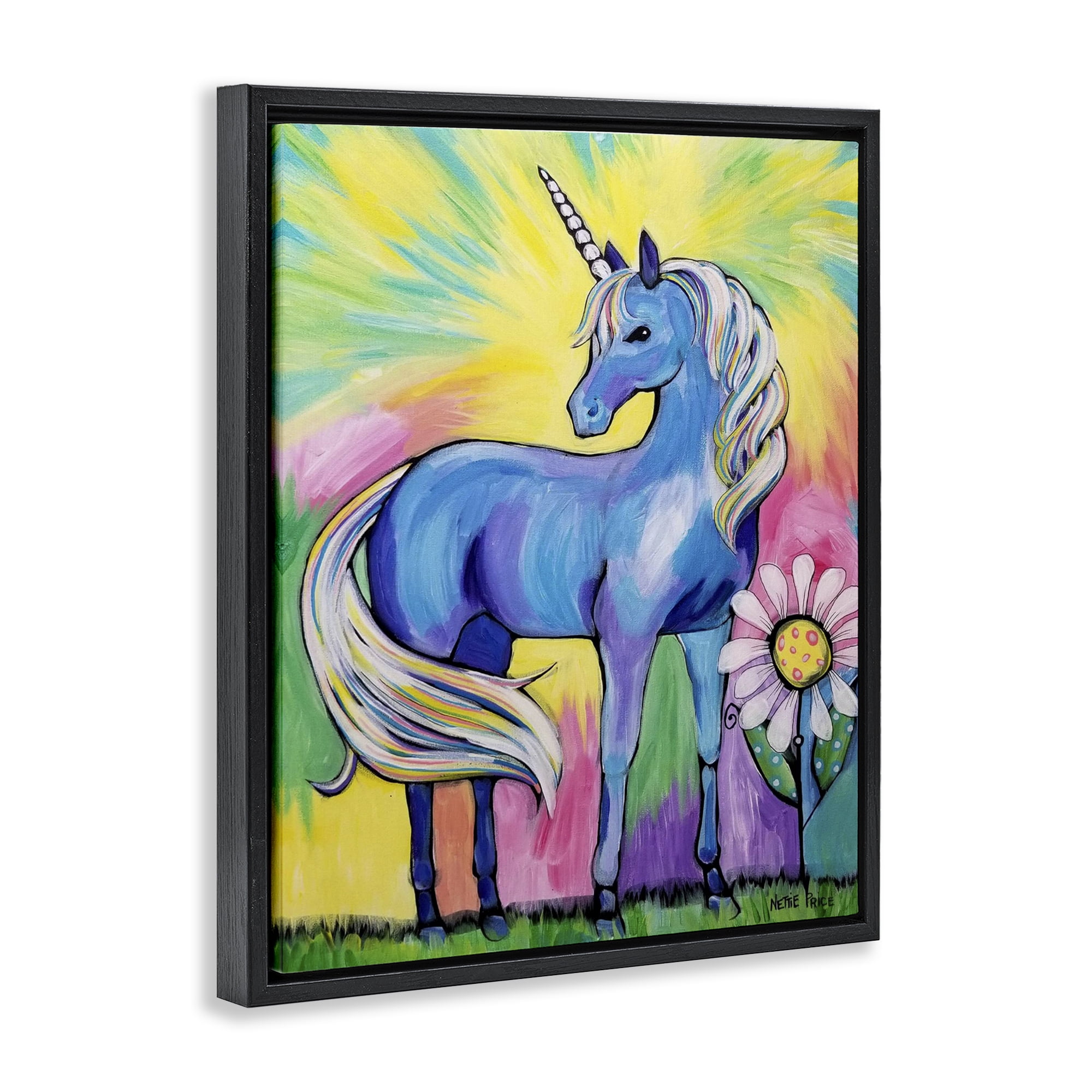 Stupell Industries Magical Unicorn in Rainbow Meadow Black Framed Floater Canvas Wall Art, design by Nettie Price