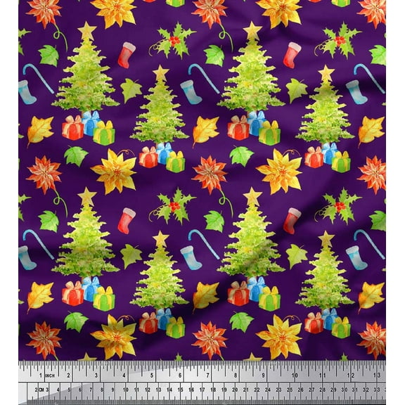 Soimoi Purple Cotton Duck Fabric Gifts & Christmas Tree Printed Fabric 1 Yard 42 Inch Wide